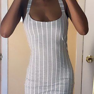 Grey and White Striped Midi Dress